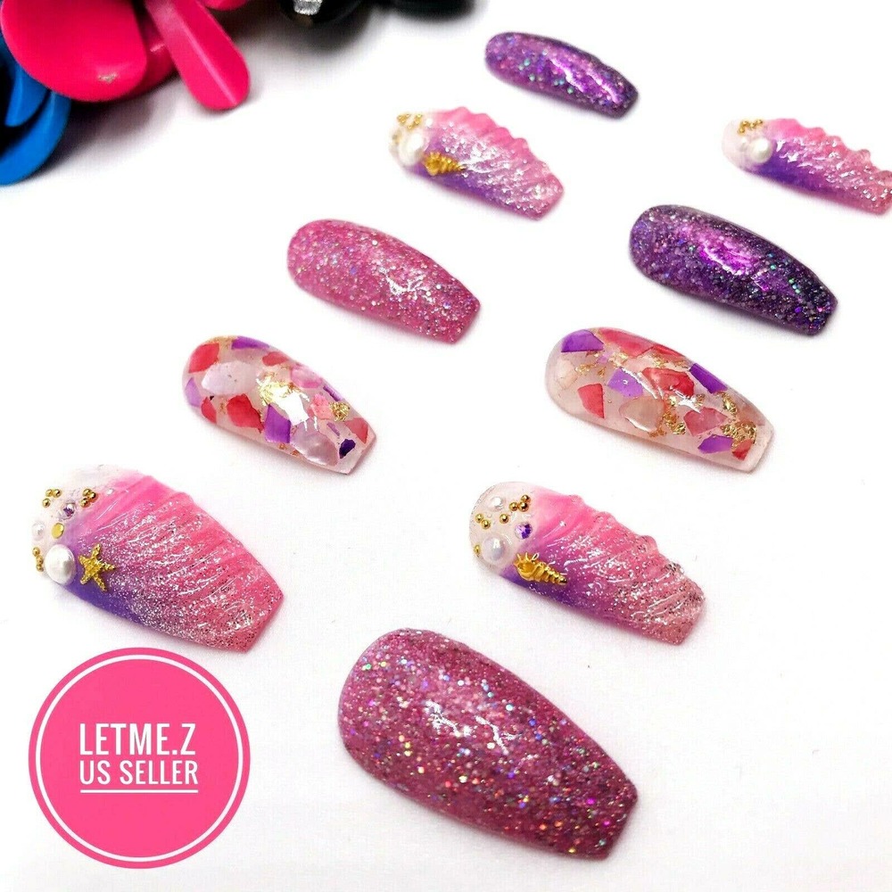 Press‎ on Nails Glue On Long Coffin 3D Mermaid Pink